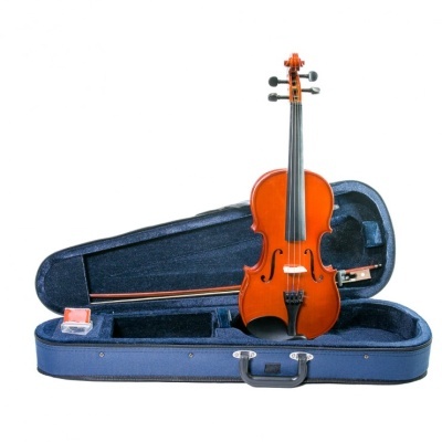 Violino castanho claro numa mala azul aberta com arco e caixa de resina