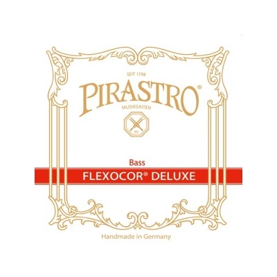 Logo da marca Pirastro com texto Bass FLEXOCOR DELUXE e moldura decorativa