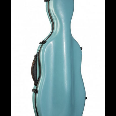 Estojo rígido azul para violoncelo com fechos pretos e pega lateral