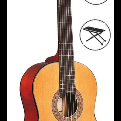 Violão clássico em madeira natural com tarraxas douradas e ícones de estojo, afinador e suporte