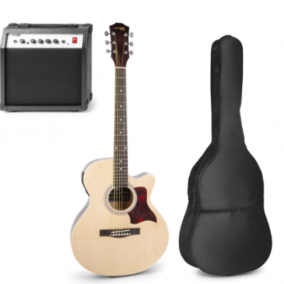 Conjunto guitarra acústica madeira com amplificador e capa preta