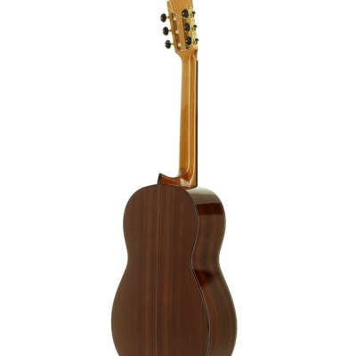 Guitarra clássica de madeira castanha vista de trás