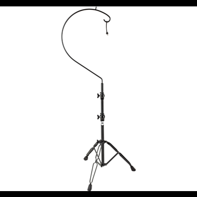 Suporte metálico preto para planta com tripé e gancho curvado