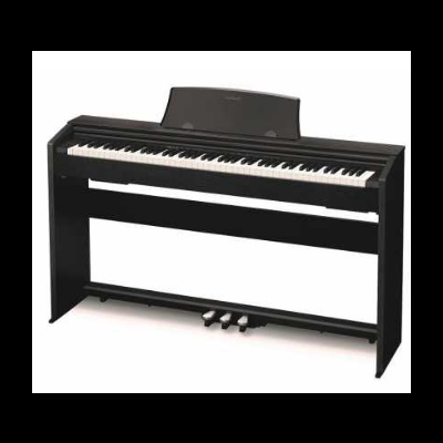 Piano digital preto com 88 teclas e três pedais.