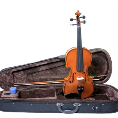 Violino e estojo aberto com arco e afinador azul