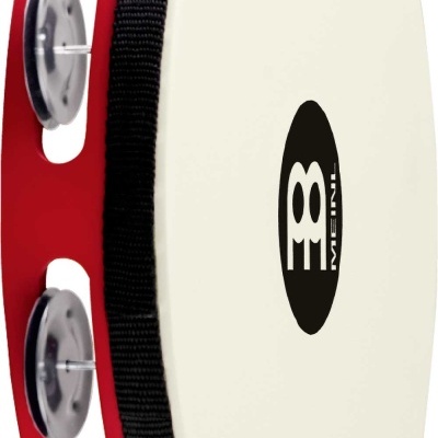 Pandeireta vermelha com pele branca e címbalos metálicos