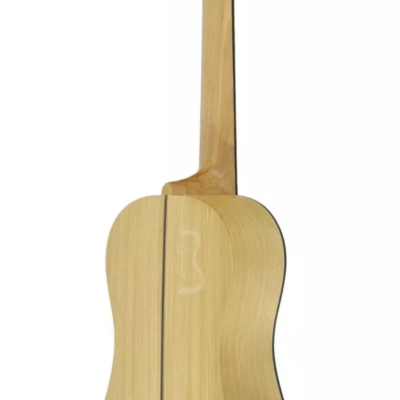 Guitarra acústica de madeira clara vista de trás com tarraxas prateadas e botões brancos