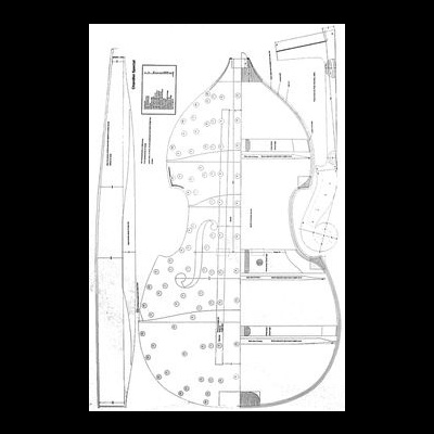 Molde de papel para construção de um violino com várias peças e instruções em preto e branco