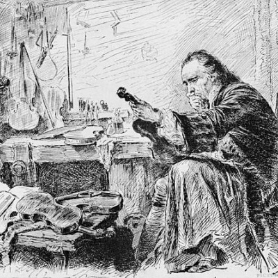 Ilustração a preto e branco de homem examinando um violino numa oficina com instrumentos musicais e ferramentas