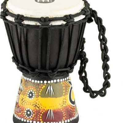 Djembe preto e colorido com pele branca e cordas pretas