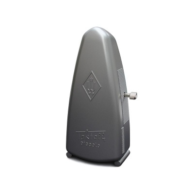 Metrónomo mecânico cinza com botão lateral e texto Terrot Piccolo