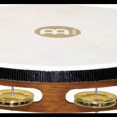 Pandeireta com pele branca e pratos metálicos dourados