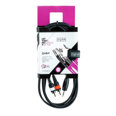 Cabo de áudio preto in caixa branca, preta e rosa com conectores rca e jack 3,5 mm