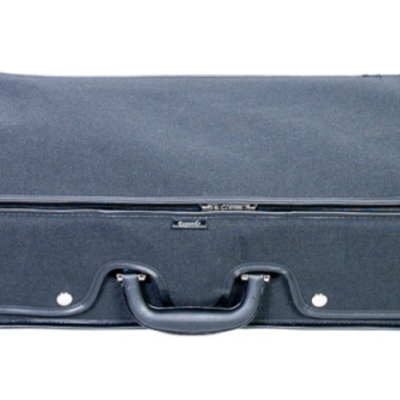 Mala preta para instrumento musical fechada sobre fundo branco