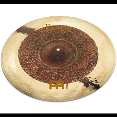 Prato de percussão metal dourado com textura castanho avermelhada e texto BYZANCE MEINL