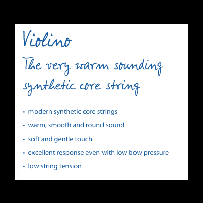Texto em azul sobre cordas de violino, destacando características das cordas sintéticas