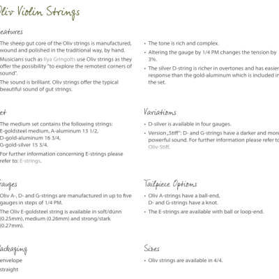 Texto descritivo sobre cordas para violino Oliv