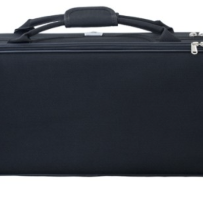 Estojo preto para instrumento musical com fecho prateado e pega