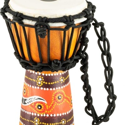 Djembe pequeno colorido com pele branca e cordas pretas