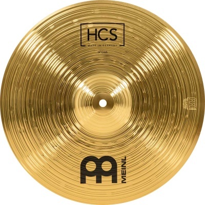 Prato de bateria dourado com texto HCS e MEINL