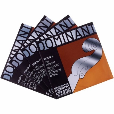 Pacotes de cordas para violino Dominant com ilustração do espelho do violino e texto técnico sobre materiais e tipo de corda.
