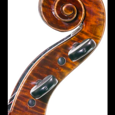 Parte superior castanha de violino com espiral e cravelhas pretas