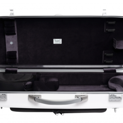 Estojo rígido branco para violino com interior preto e texto bam