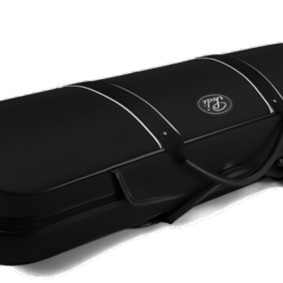 Estojo rígido preto para instrumento musical com costuras brancas e fechos metálicos.