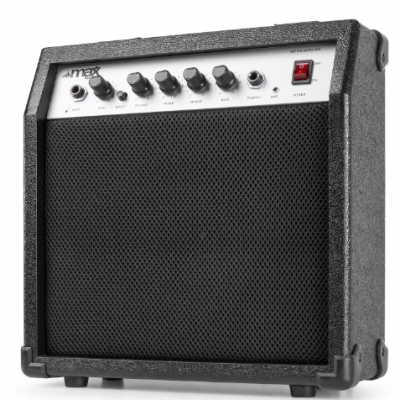 Amplificador de guitarra Amex preto com painel de controlo branco e botões