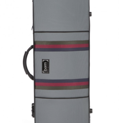Estojo rígido cinzento para instrumento com faixas coloridas e alça preto