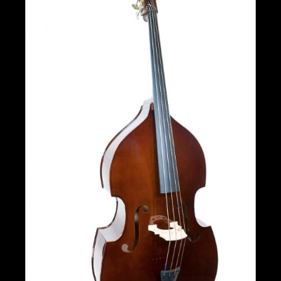Contrabaixo acústico em madeira castanha brilhante com quatro cordas