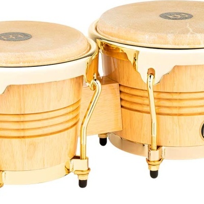 Conjunto de bongôs em madeira clara com peles naturais e detalhes dourados