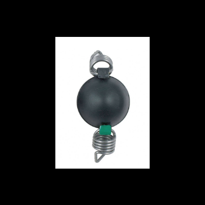 Produto esférico preto com estrutura de arame prateado e detalhe verde.