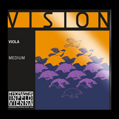 Embalagem de cordas para viola Thomastik Infeld Vision Medium com design gráfico colorido