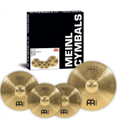 Conjunto de pratos de bateria dourados Meinl Cymbals com embalagem preta e branca