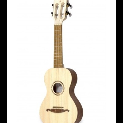 Cavaquinho em madeira clara e escura sobre fundo branco