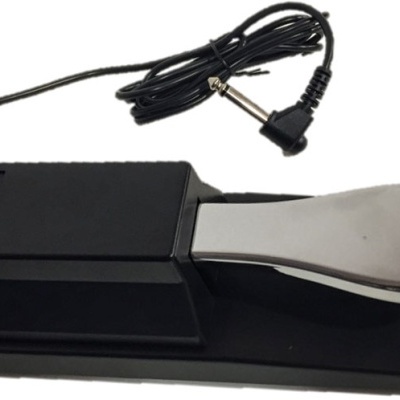 Pedal de efeito musical preto com parte prateada e cabo preto