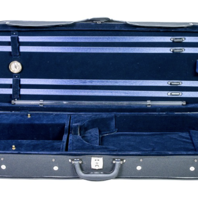Estojo aberto para violino azul com interior em veludo
