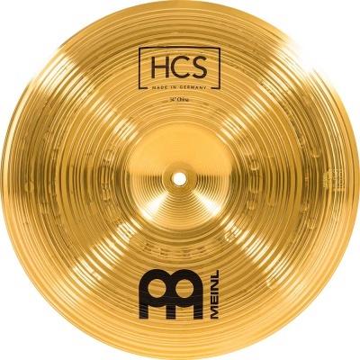 Prato de bateria dourado com texto HCS e MEINL