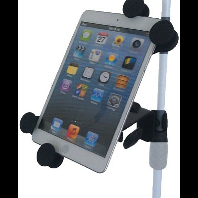 Suporte preto para tablet numa haste branca com tablet cinza