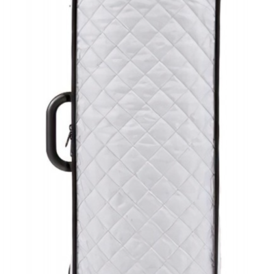 Estojo almofadado cinza claro com alça preta e etiqueta 'bam'