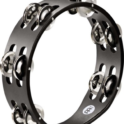 Pandeireta preta com pandeiretas metálicas prateadas e etiqueta '8' no interior