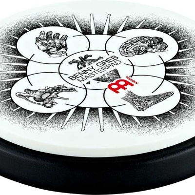 Pad de prática para bateria branco com desenhos pretos de peças de bateria e texto da marca Meinl