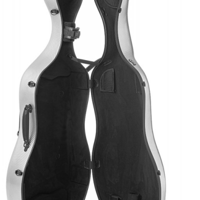 Estojo de instrumento de cordas branco e preto aberto