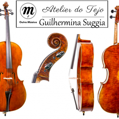 Violoncelo de madeira visto de vários ângulos com logo do Atelier do Tejo e texto Guilhermina Suggia
