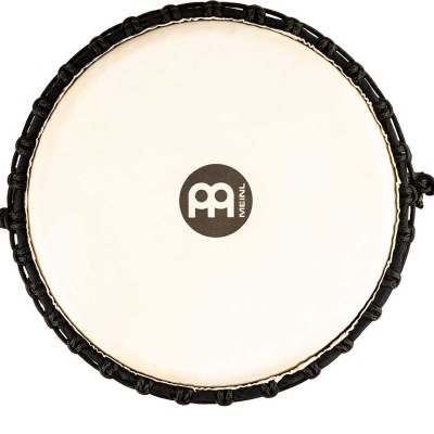 Pandeireta redonda com pele branca e estrutura preta