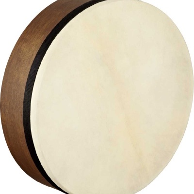 Pandeireta tradicional redonda com pele creme e corpo em madeira castanha