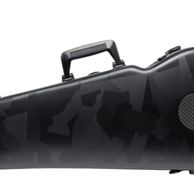 Estojo rígido para violino preto com padrões geométricos e alça