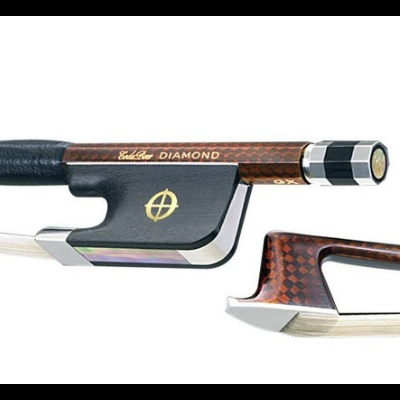 arco para violino com padrão castanho tipo colmeia e inscrições douradas