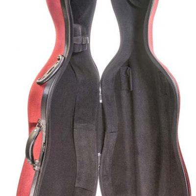 Estojo rígido aberto para violoncelo vermelho com interior preto almofadado